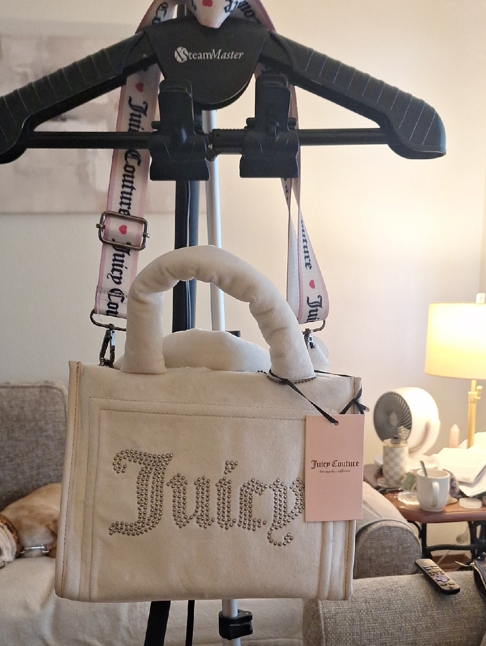 Juicy Couture Cream Rhinestone Logo Box Tote with Branded Shoulder Strap